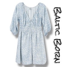 Baltic Born Koa Short Dress Blue Cream Ditsy Floral Smocked Waist Womens Sz S