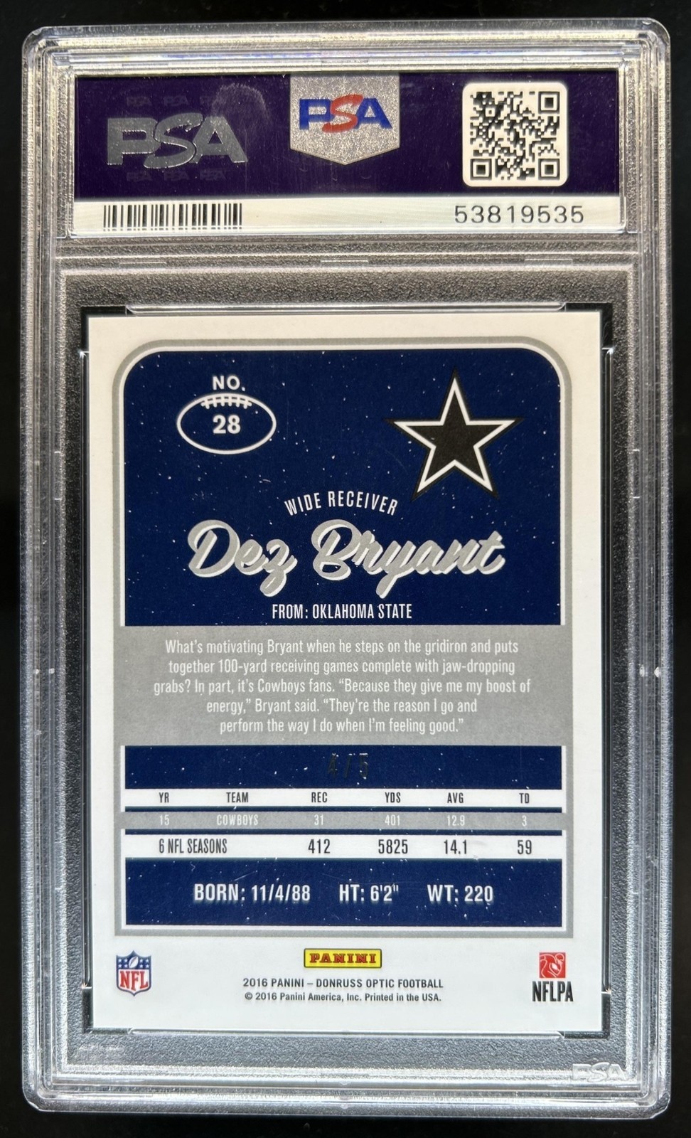 2016 Panini Donruss Optic Dez Bryant Green #/5 Cowboys PSA 10 GEM MINT view 2