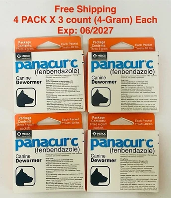 4 PACK Panacur C Dewormer Canine 4 gram 40lbs Treatment 3 Count Per Box Exp06/27