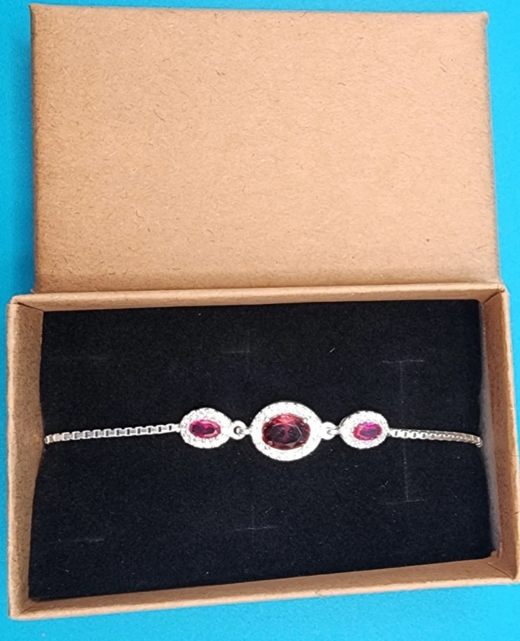 925 Silver Adjustable Bracelet Ruby Red Oval Stones & CZ Accents – NWOT B28 - Image 4 of 4