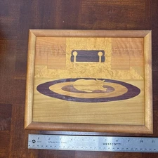 Vintage Wood Marquetry Inlay Resting Sleepy Cat by Fireplace Wall Art Picture