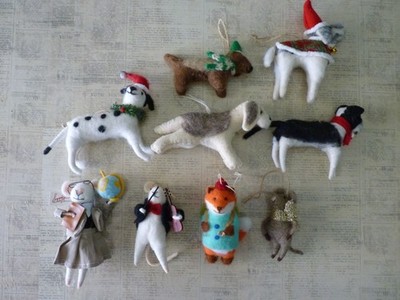 Felted Wool Animal Ornaments Lot of (9) Dogs Mice Fox 4.5'' - 7''