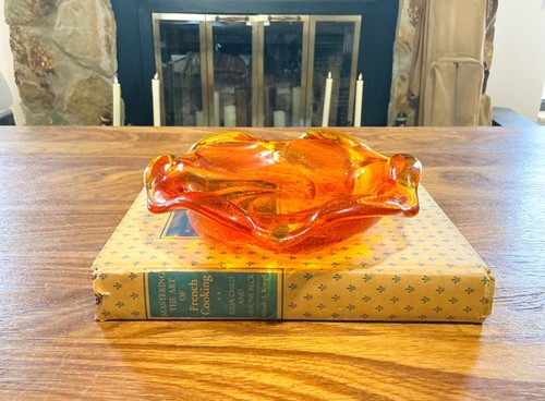 VTG MCM Fenton Amberina Orange Red Swirl Art Glass Trinket Dish Ashtray 8" - Picture 5 of 10