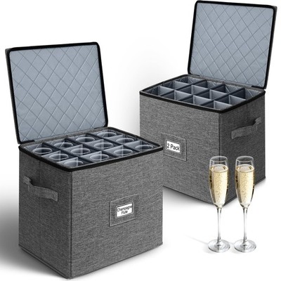 2 Pack Champagne Glass Storage Box, Hard-Shell Protection with Dividers, Stac...