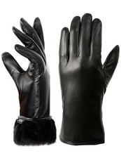 VIKIDEER Super Warm Fur Lined Leather Gloves for Women Winter Large Black