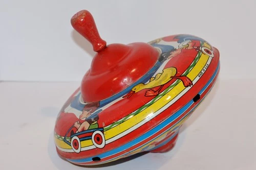 Vintage 9" Spinning Top Tin Toy Ohio Art 120, Dog Cart Children Design, Working
