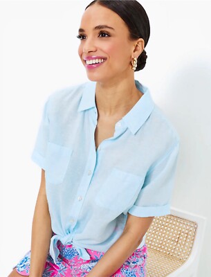 Lilly Pulitzer NWT Lynnie Linen Button Down Top Hydra Blue $108 Size L,XL