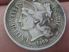1866 Three 3 Cent Nickel 3CN- VF Details, Shattered Reverse