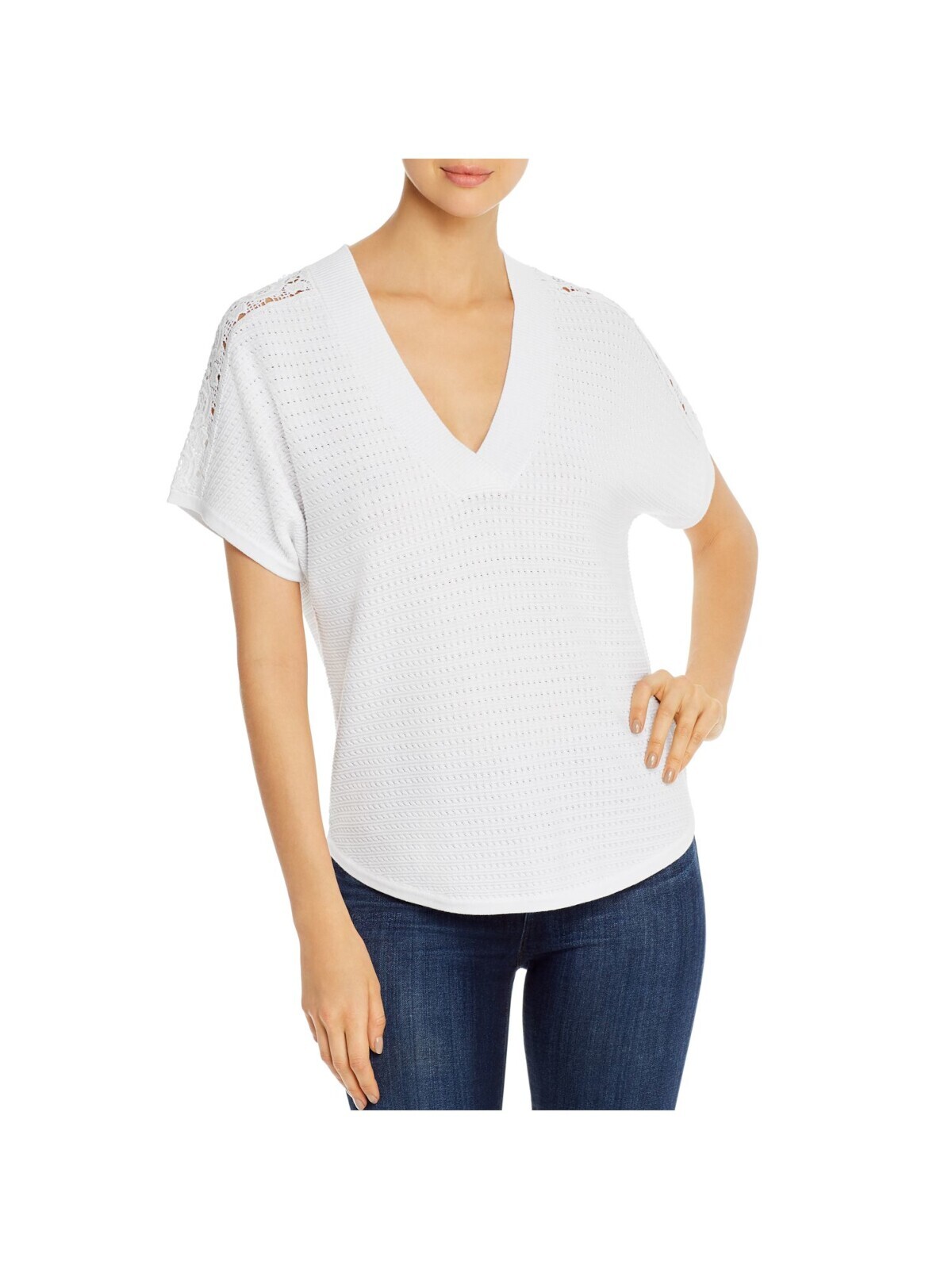 DESIGN HISTORY Womens White Stretch Crotchet-inset Short Sleeve V Neck Top XS