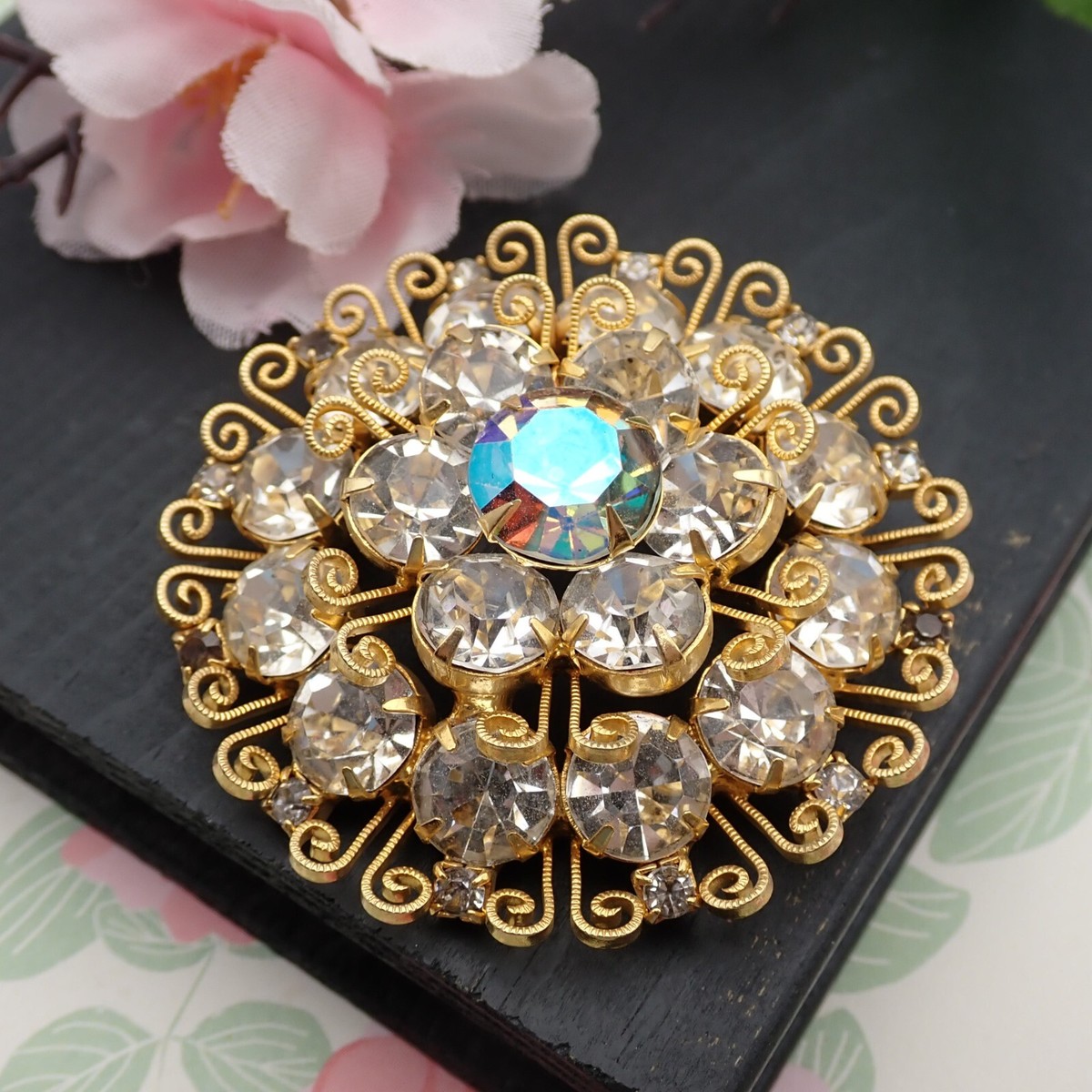 Vintage Juliana Gold Scroll Layered Clear Rhinestone Flower