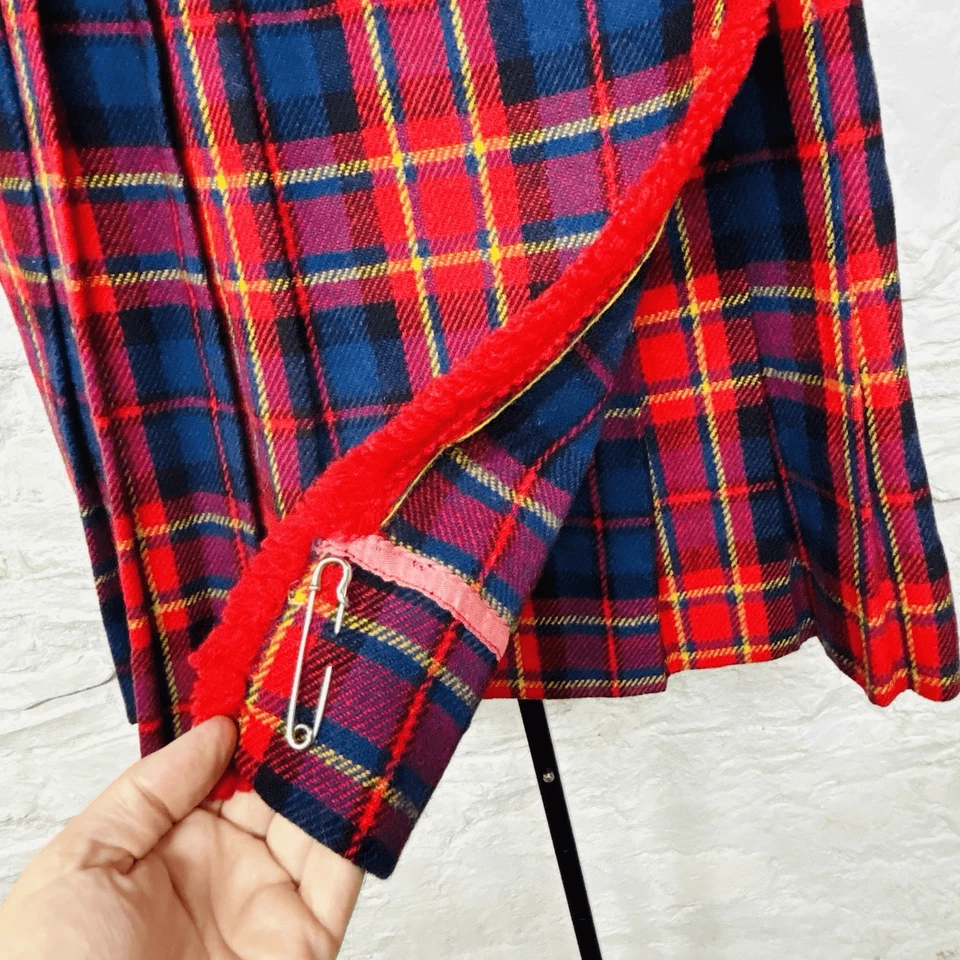 Falda envolvente plisada a cuadros vintage años 60 70 mezcla de lana franela colegiala disfraces Foto 4 de 4