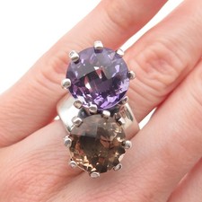 925 Sterling Silver Vintage Real Smoky Quartz Amethyst Bypass Ring Size 5.75