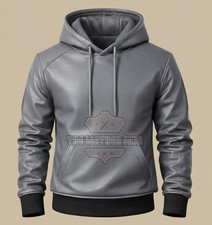 Men's Gray Real Premium Leather Hoodie Handmade Genuine Lambskin Leather Hoodie
