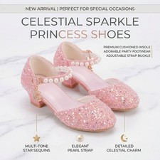 Girls Princess Style Dress Shoes Kids Glitter High Heel Party Shoes Star Decor