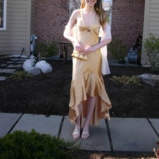 Formal evening gown or Prom Gown, Gold polyester, size 3-4. Used, worn once