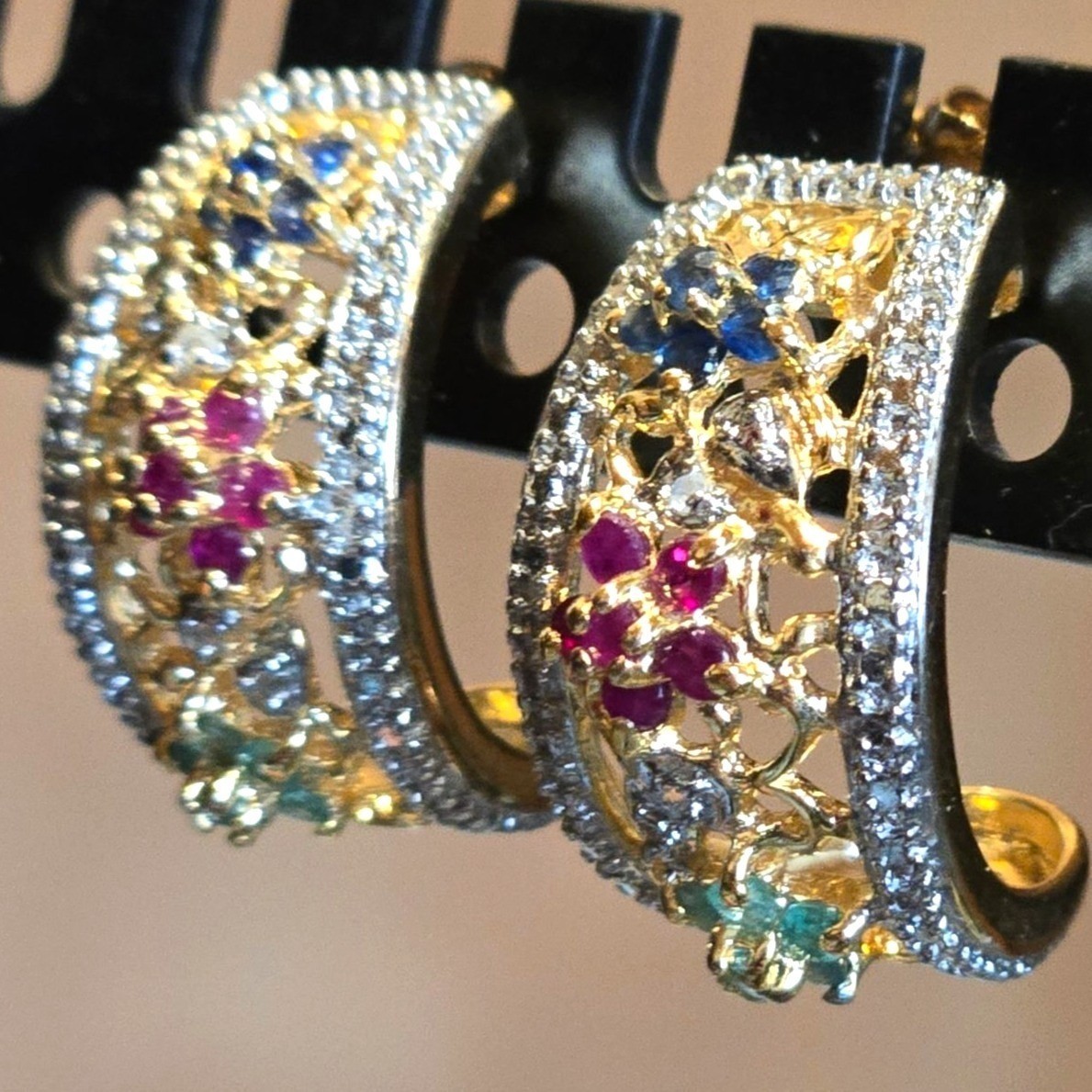 Emerald Ruby Sapphire Earrings Diamond Flower Hoo… - image 10
