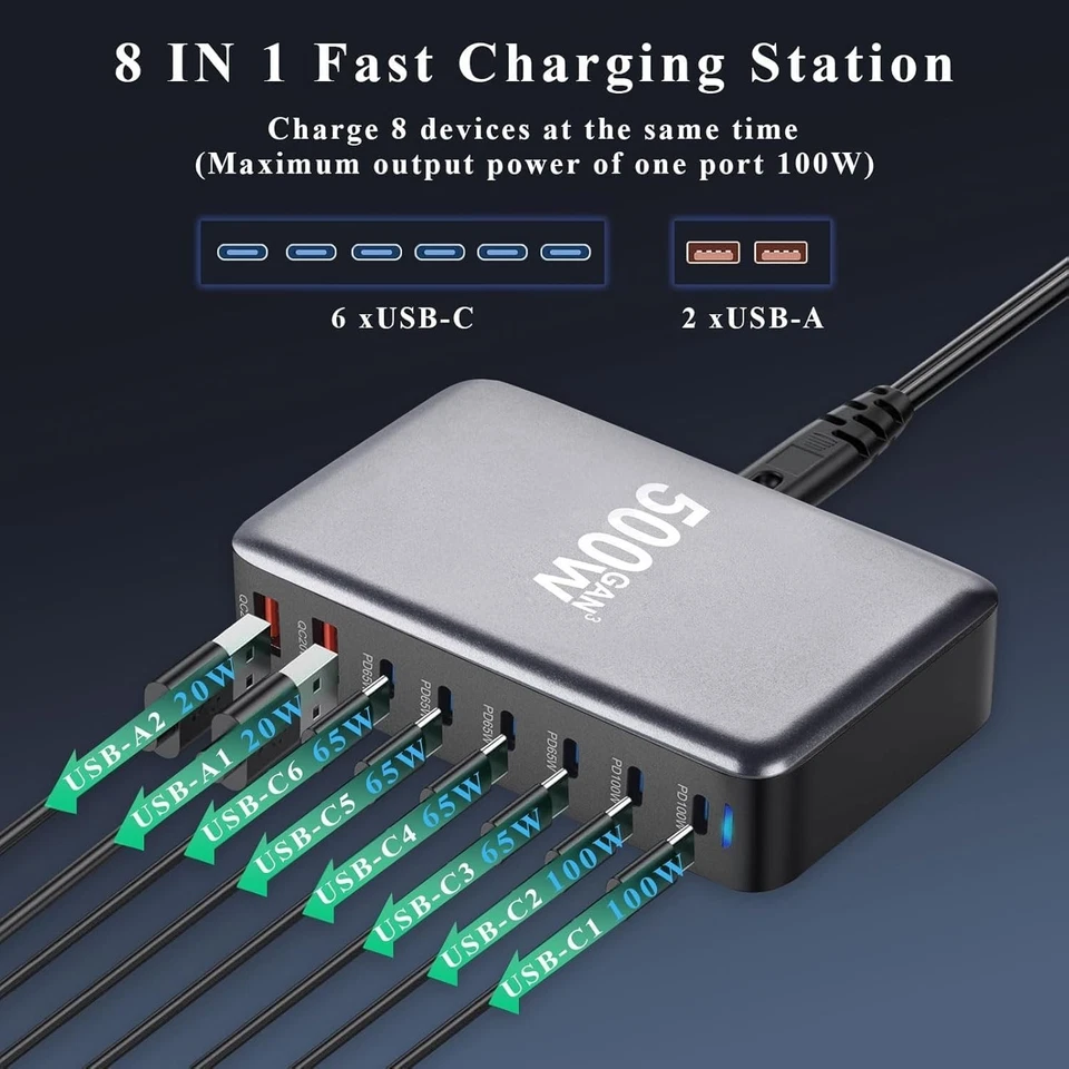 500W GaN³ 8-in-1 Fast Charging Block USB-C PD100W/65W + QC20W Multi-Port Charger - image 3 of 4