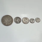 US Silver Coin Lot - 1921 Morgan Dollar, 1939, 1964 Quarters, 1941-S, 64 D Dimes