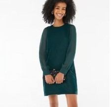 J. Crew Dress Size 00 Velvet Mini Dark Green Sheer Sleeve Back Zip Up