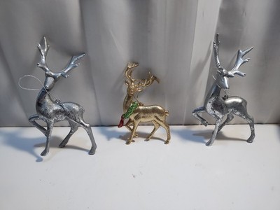 Reindeer Ornament MCM Retro Style Metal Look 2 Silver 7'' 1 Gold Glitter Deer