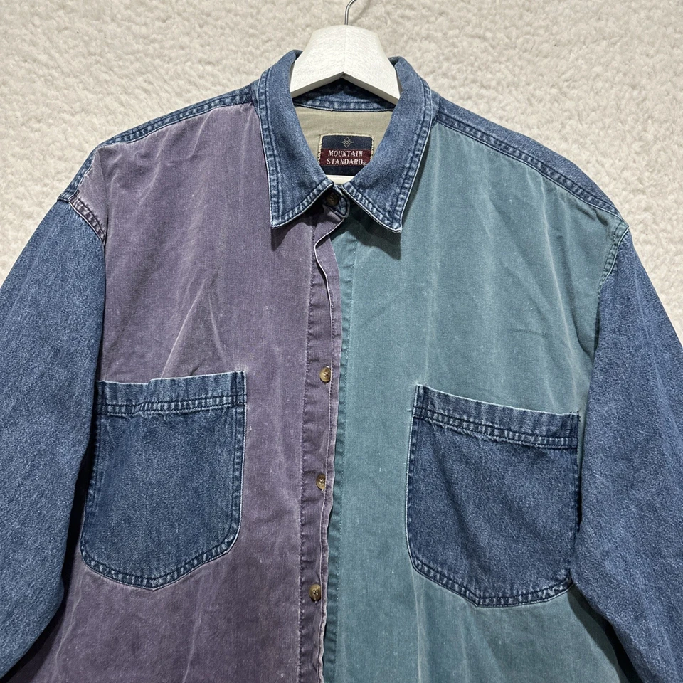 Vintage '90s Mountain Standard Colorblock Long Sleeve Button-Down Denim Shirt L - Image 4 of 4