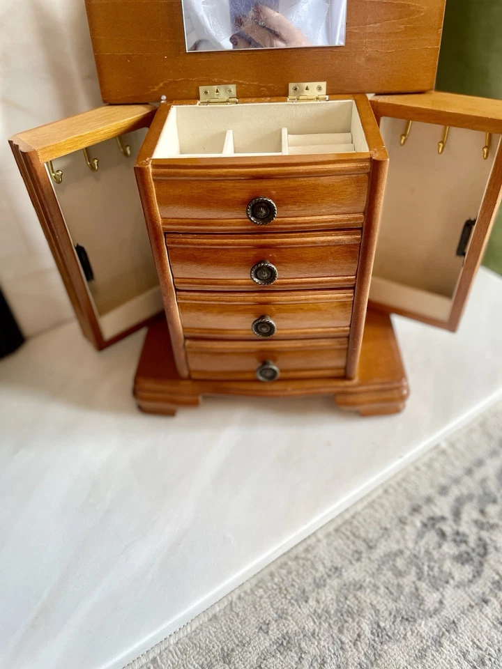 Vintage Style Wood Jewelry Box Armoire Cabinet 4 Drawers Mirror Side Doors - Image 3 of 4