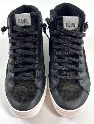 P448 Skate Womens Sneakers Sz 40 Black Animal Print Leather High Top Zip Shoes