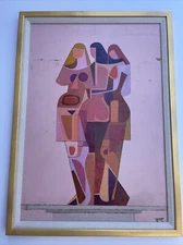 VINTAGE PAINTING CUBISM MODERNISM FEMALE EXPRESSIONISM THE THREE GRACES SIGNED