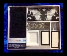 17-PC Bathroom Set:Shower Curtain,Rug,Soap Dispenser,s’dish,T-brush Holder,Hooks