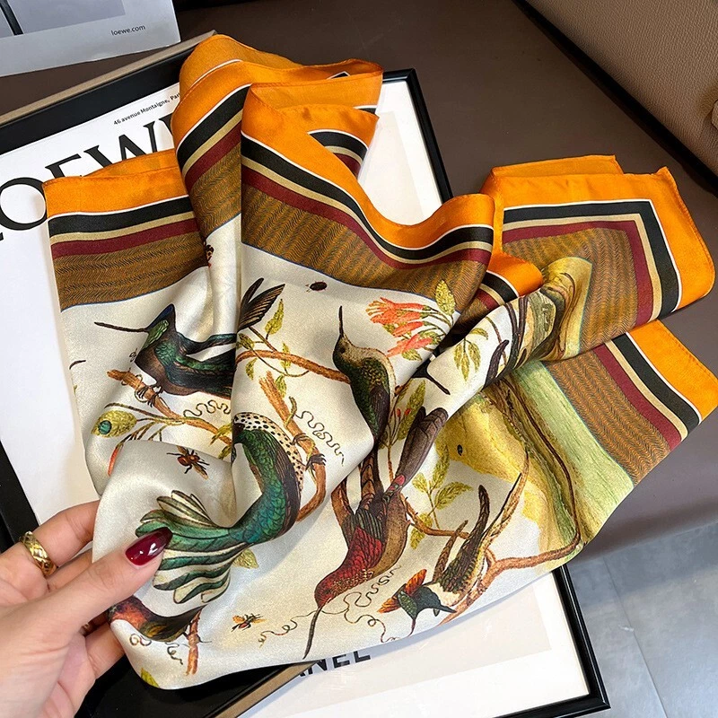Bufanda 100 % seda mujer vintage naranja pájaro pañuelo cuadrado pañuelo envoltura 65*65 cm Foto 3 de 4