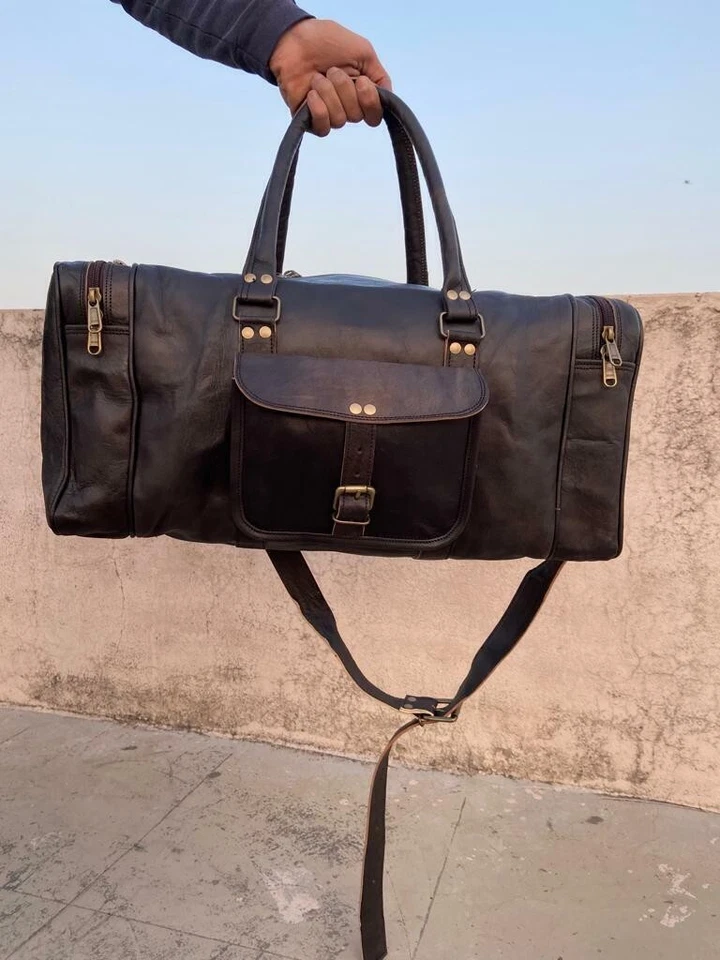 Large BLACK Duffle Men Genuine Leather Travel Luggage Gym Weekend Overnight Bag - Image 2 of 4