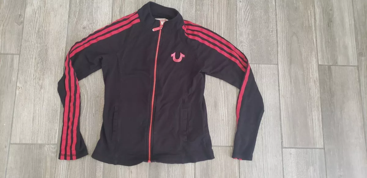 True Religion Black With Red Stripe Zip Up Running Jacket In XS. Hole On Arm