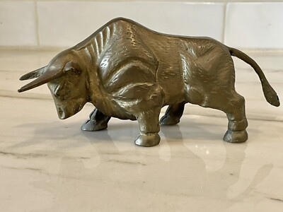 Vtg Maxam Solid Brass Charging Bull Figure Statue Stock Market Bullfight 6.75''