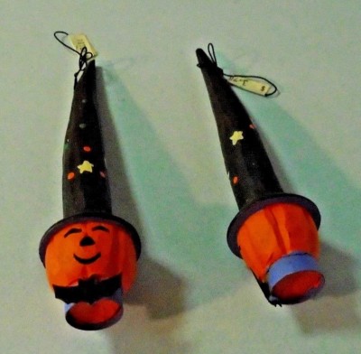 Lot/2 Haloween Wooden  Pumpkin Head WItch Ornaments With Bat Bow Ties