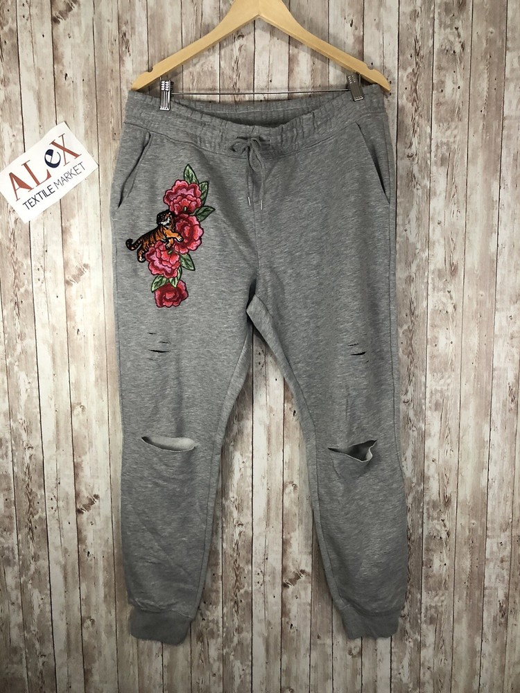 Alex Sweatpants Womens Extra Large Gray Tiger Embroidered Joggers Ripped  N130