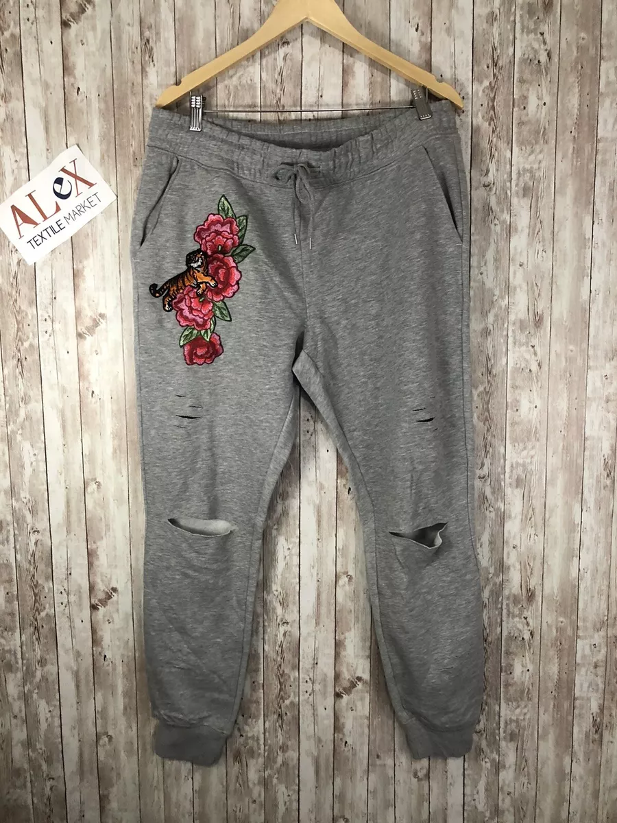 Alex Sweatpants Womens Extra Large Gray Tiger Embroidered Joggers Ripped  N130