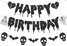 Halloween Birthday Banner Glitter Black Ghost Skull Heart Party Decorations