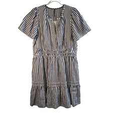Anthropologie Somerset Mini Dress Cotton Striped Navy White XL Tiered Smocked