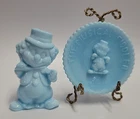 Vtg Mosser Glass Little Fiddler Clown Rinky Blue Milk w. Matching Plate
