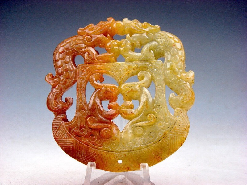 Old Nephrite Jade Stone Carved LARGE Pendant 2 Dragons 2 Phoenix Pearl #11132407