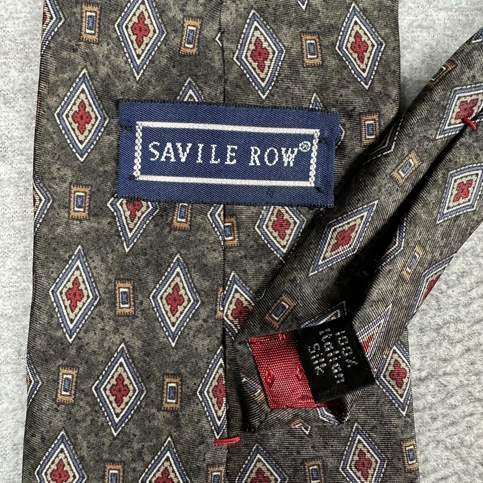 Vintage Savile Row Silk Tie Geometric Diamond Print Green/Red 100% Silk USA - Image 2 of 4