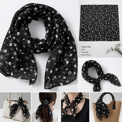 Large Black White Floral Square Scarf Lightweight Sheer Neck Head Hair Wrap Boho