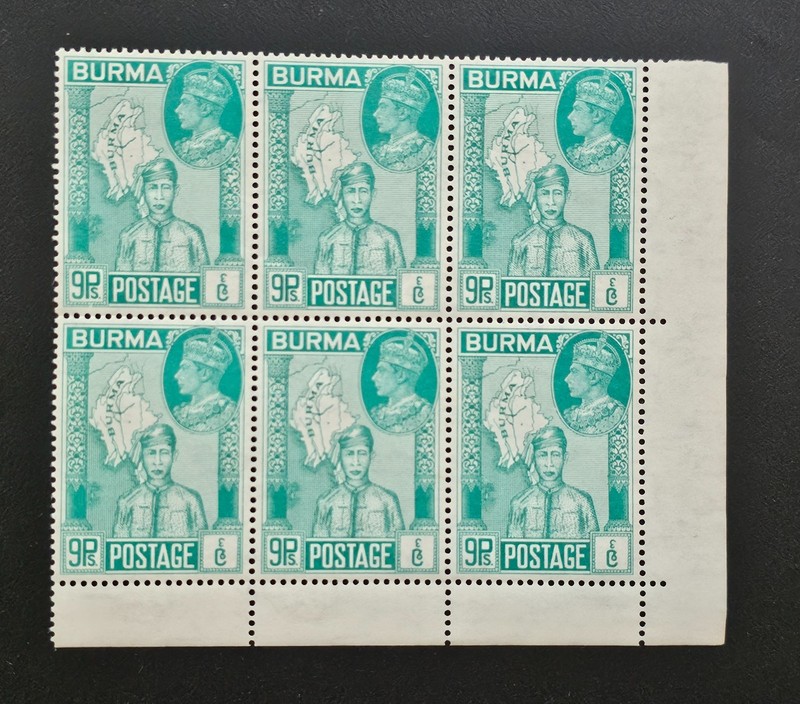 BURMA 1946 KGVI VICTORY PEACE ISSUE BLOCK Stamps 9p Scott 66. SG 64 BLOCK  of 6