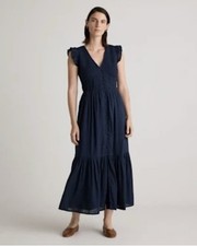 Quince Women Organic Textured Cotton Smocked V-neck Midi Dress Blue XS