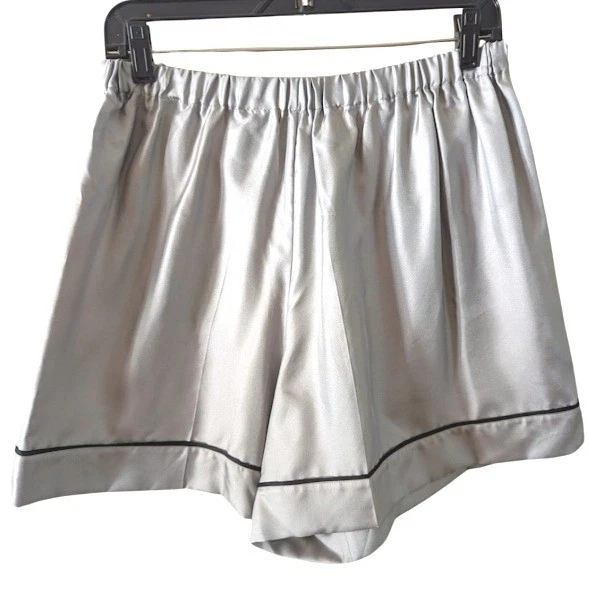 PRADA Silk Pajama Shorts Loungewear Silver Black Trim Italy NWT Size 44 US8 - Image 3 of 4