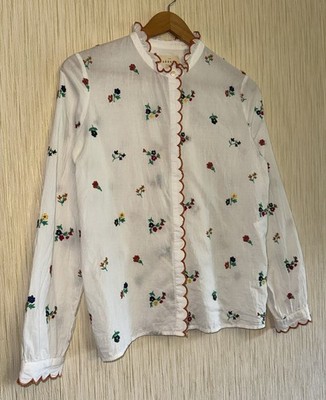 Sezane Louise Embroidered Blouse White floral Button Up Top Paris Size 36