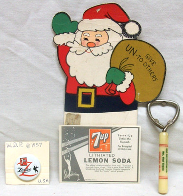 VTG. 7-UP Collectibles Lithiated Label, 1957 Zorro Pin, Opener, Santa ''Un-To'' ad