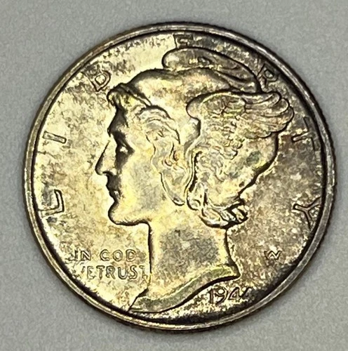 1944 Mercury Dime 90% Silver Philadelphia AU UNC Toned Toning