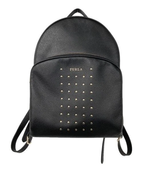 Furla Black Pebbled Leather Mini Backpack with Silver Studs Furla Black Pebbled Leather Backpack Drawstring Suede Flap  main image 4