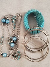 Faux Turquoise Mix  Match Necklace Bracelet Set Silver Tone Bangles Beads More